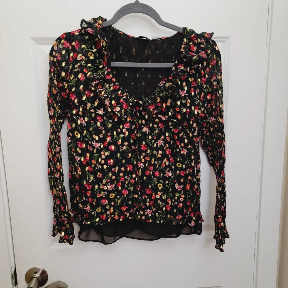J CREW Ruffleneck top in midnight vintage floral Blouse Gold Metallic